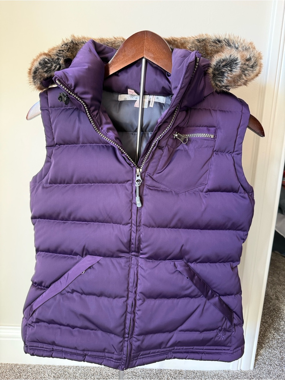 Women’s Purple Puffer Vest with Faux Fur Hood